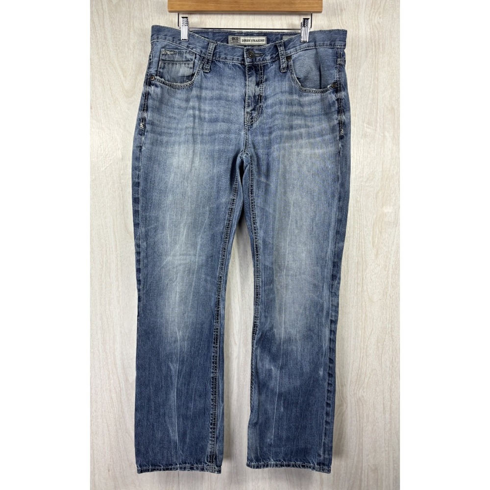 BKE Derek Straight Leg Jeans Mens 34R Medium Wash Relaxed Buckle Denim